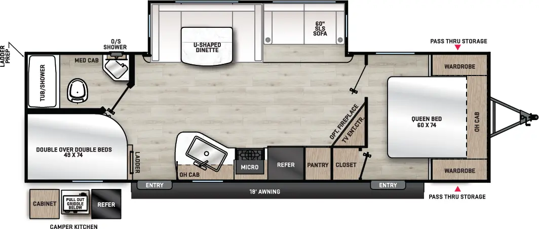 the 28BHS has 1 slide out on the off-door side and two entry doors. Exterior features include: outside shower on the off-door side, spray port on the door side at the rear, camper kitchen near the rear of the door side, 18' awning spanning over both entry doors, front pass through storage; Interior layout from front to back: front bedroom with its own entry door and coat closet,  foot facing 60x74 Queen bed, wardrobes on each side of the bed along with an overhead shelf; off-door side slide out holding a U-Shaped dinette and sofa, across from slide out is kitchen countertop with double basin sink, overhead cabinets, overhead microwave, stovetop, refrigerator, pantry, angled TV entertainment center with fireplace; double over double bunk beds in the rear door side corner; bathroom with 24x40 tub, toilet, sink and medicine cabinet in the rear off-door side corner.